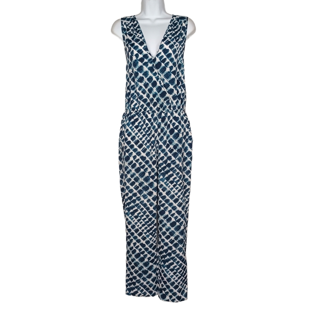BCBG PARIS Teal Blue Print Deep V Neckline Sleeveless Lightweight Jumpsuit Small